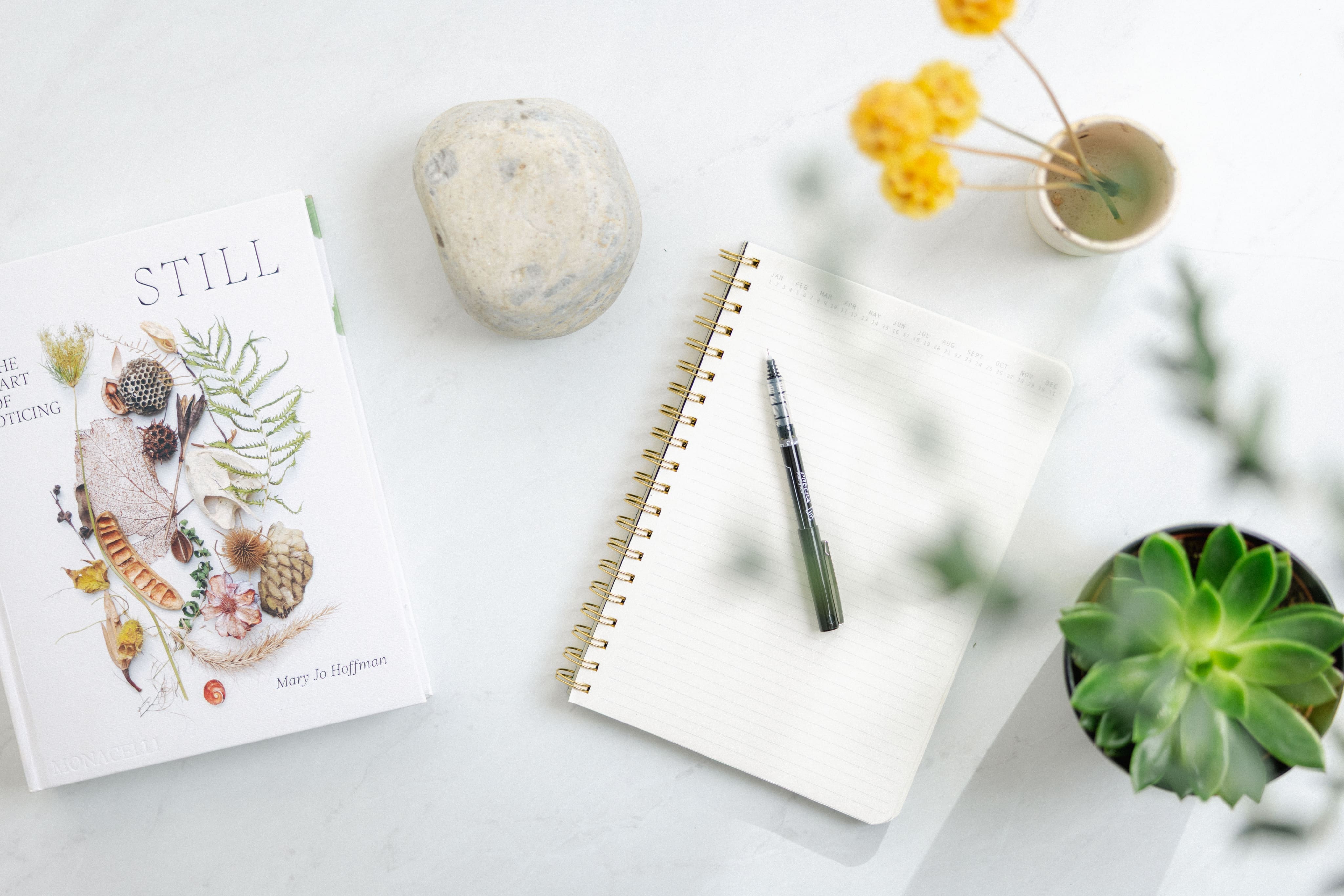 Flat lay of a spiral notebook, pen, smooth stone and yellow flowers on a white desk