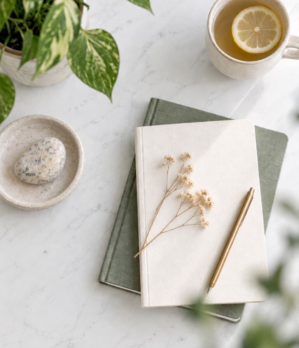 Green notebook with a dried flower sprig and gold pen beside a cup of lemon tea, representing life transition coaching at The Stratara Group