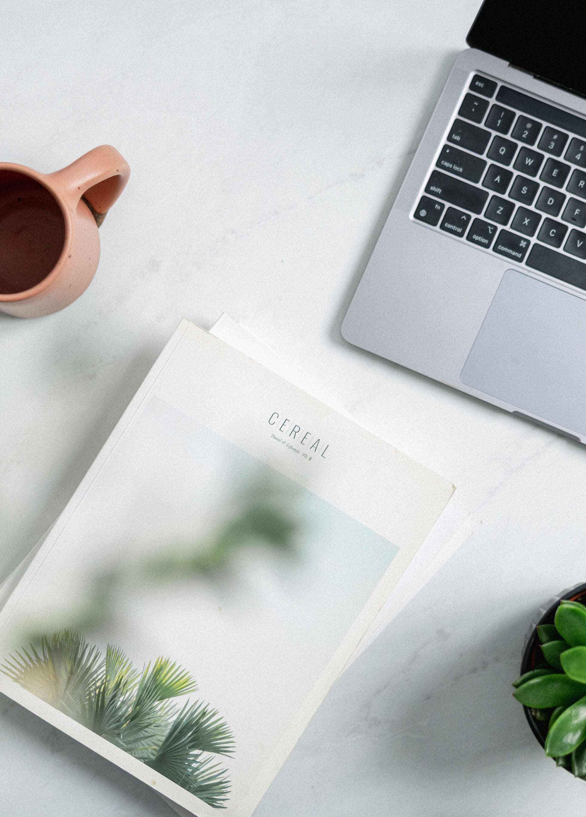 Flat lay of a laptop, terracotta mug, notepad and small succulent on a white desk