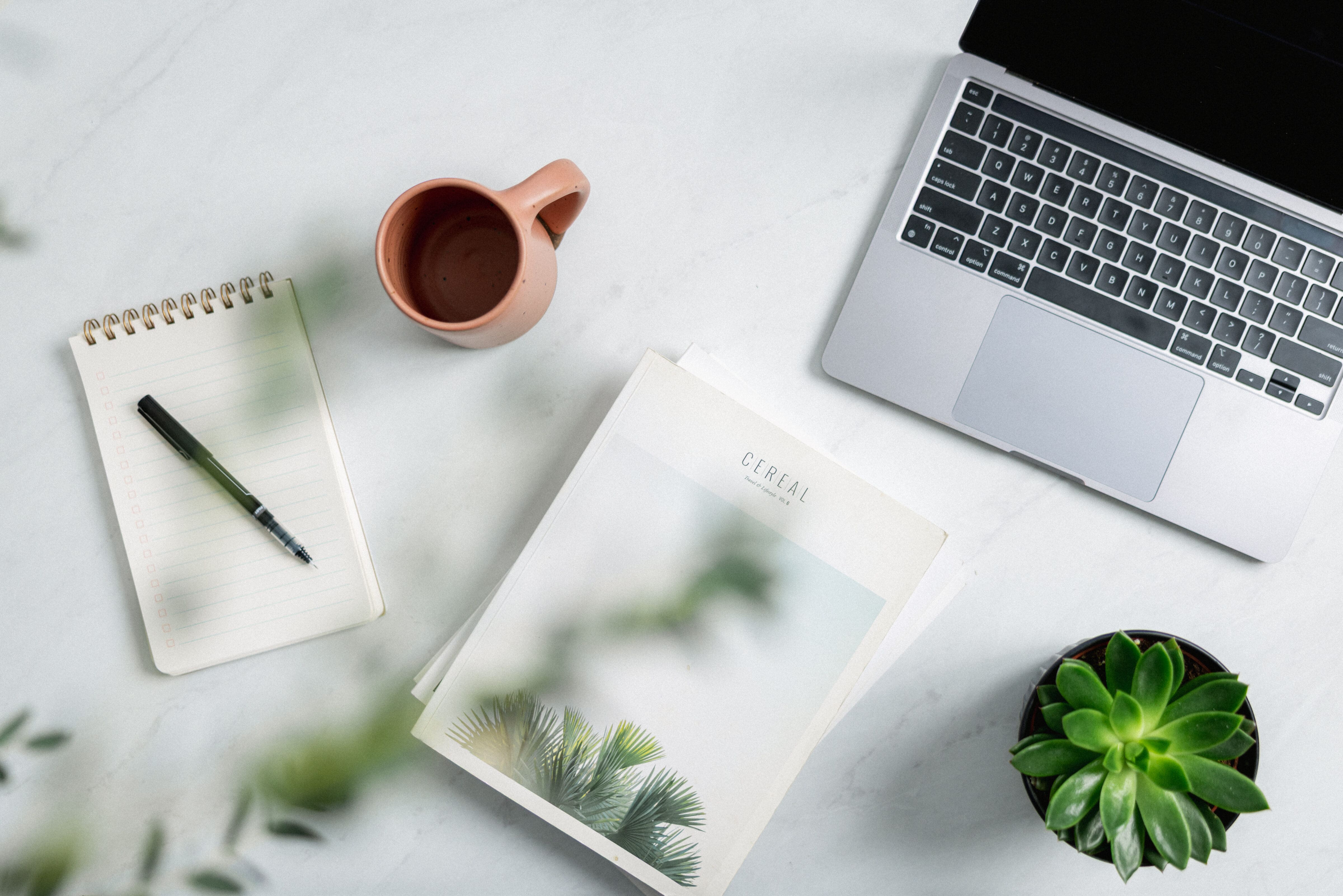 Flat lay of a laptop, terracotta mug, notepad and small succulent on a white desk
