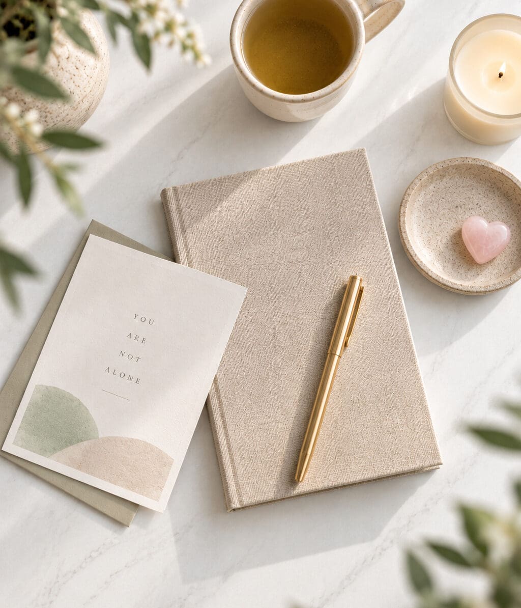 Linen notebook, gold pen, cup of tea and a small pink heart stone, representing infertility counseling at The Stratara Group