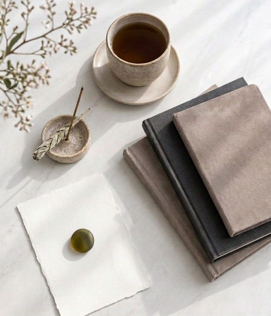 Cup of tea beside a stack of books and a small dish on a white table, representing trauma counseling at The Stratara Group